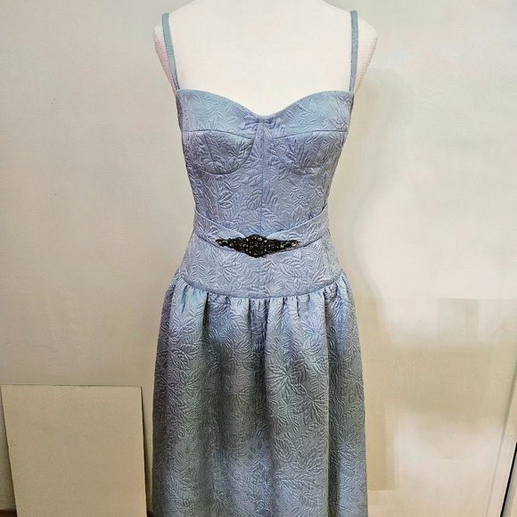 Wonderful MONIQUE LHUILLIER Light Blue Silk Brocade Beaded Formal Dress 4 XS S - Picture 2 of 14